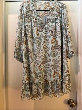 Wilfred Paisley Ruffle Neck Tunic in Light Blue with Brown & Green Accents
